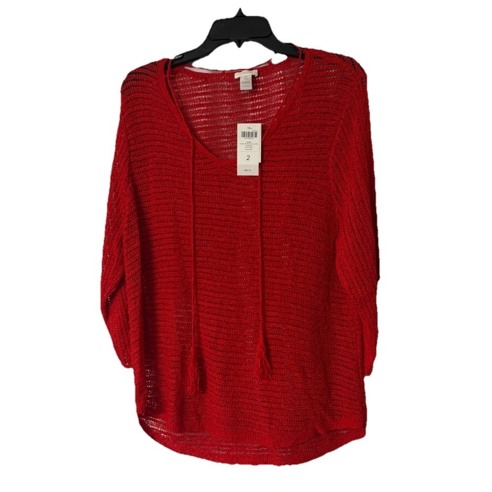 NWT Chicos Chase Tie Front Pullover Open Knit Pullover Saucy Red Sweater Size 2
